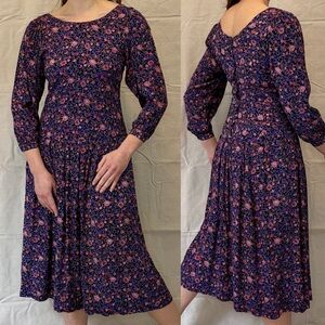Vintage 80s Purple Floral Sunflower Indian Rayon Drop Waist Dress Komil size M/L
